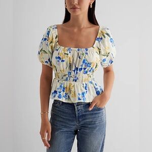 Express Floral Square Neck Puff‎ Sleeve Peplum Top Blouse Blue Yellow Size Large